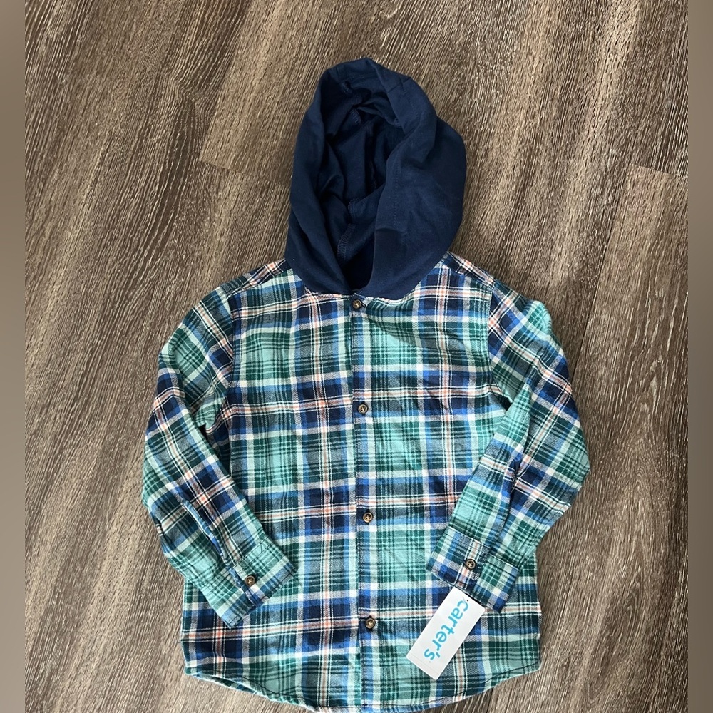 NWT -‎ Carter’s - Button Down Plaid Hooded Shirt